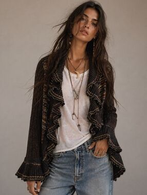 Vintage Y2K Ruffle Cardigan Size M Wool Blend Sweater Open Front Boho Brown 90s